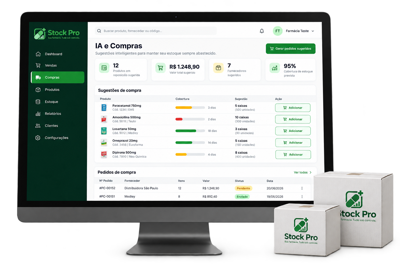 Mockup ilustrativo das sugestões de compras do Stock Pro