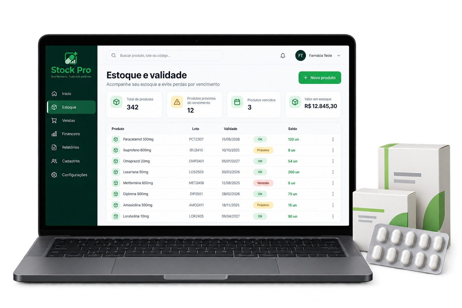 Mockup ilustrativo do controle de estoque e validade do Stock Pro