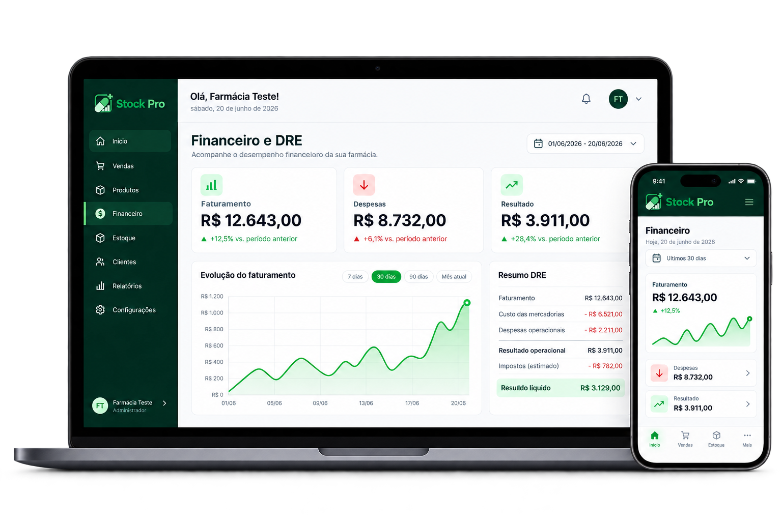 Mockup ilustrativo do financeiro e DRE do Stock Pro