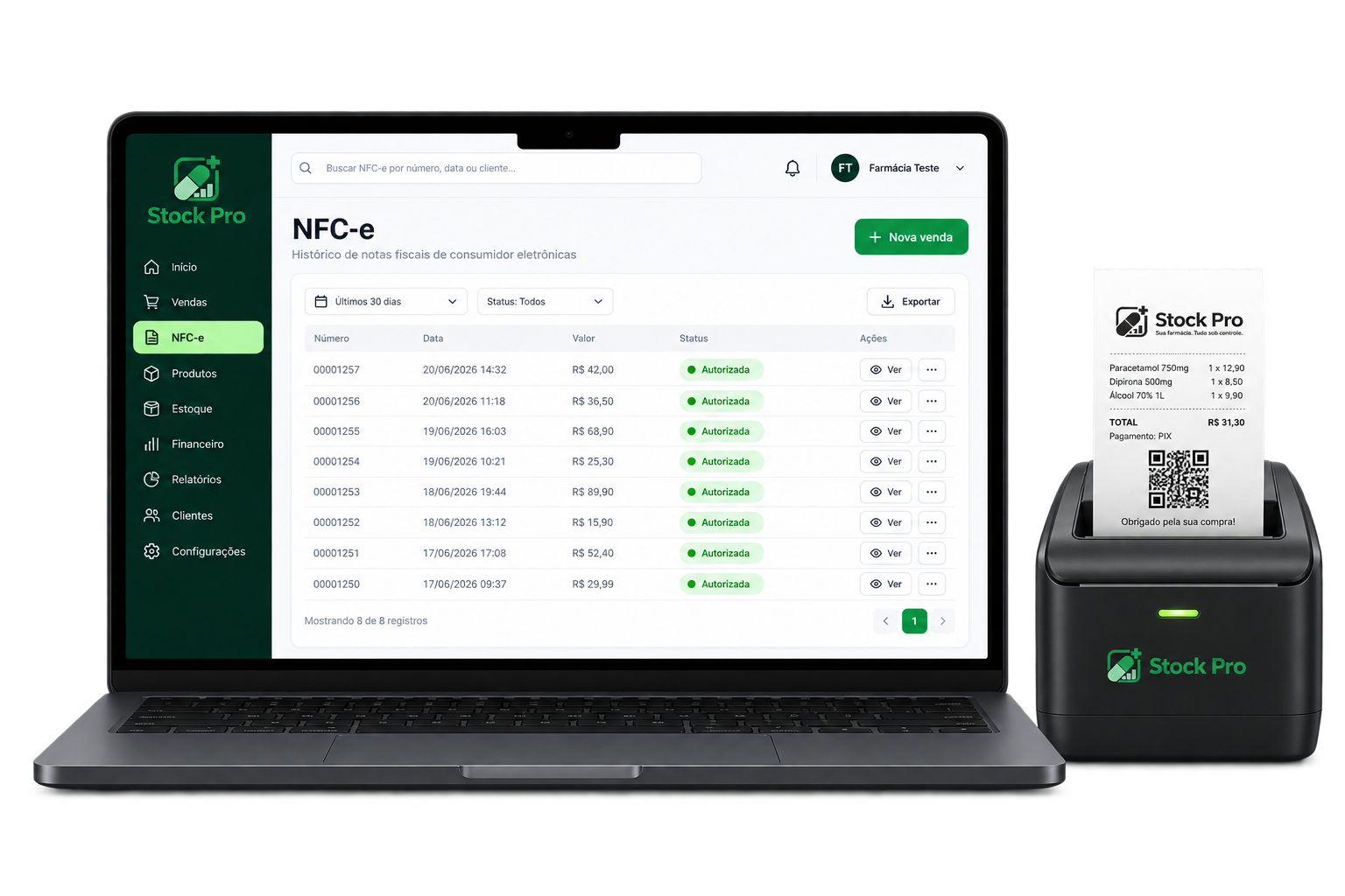 Mockup ilustrativo da emissão de NFC-e do Stock Pro