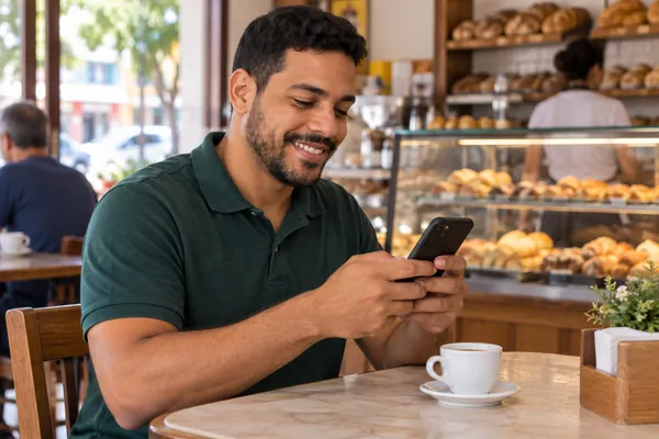 O vendedor numa padaria fazendo o cadastro de vendedor do Stock Pro no celular