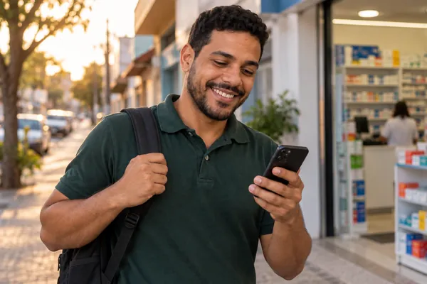 O vendedor na rua, sorrindo para o celular ao receber a comissão